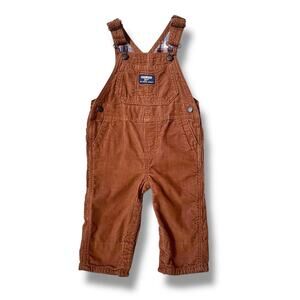 OshKosh B’gosh Baby Boys 12M Brown Corduroy Overalls Lined Plaid Snap Legs Fall